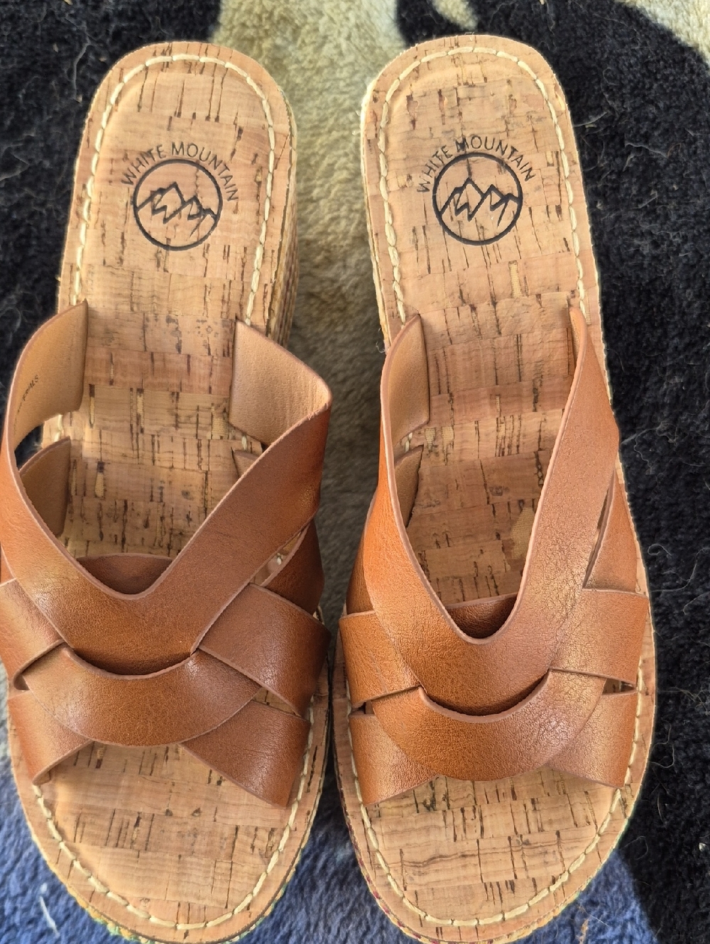 White Mountain Tan Leather Cross-Strap Slide Sandals